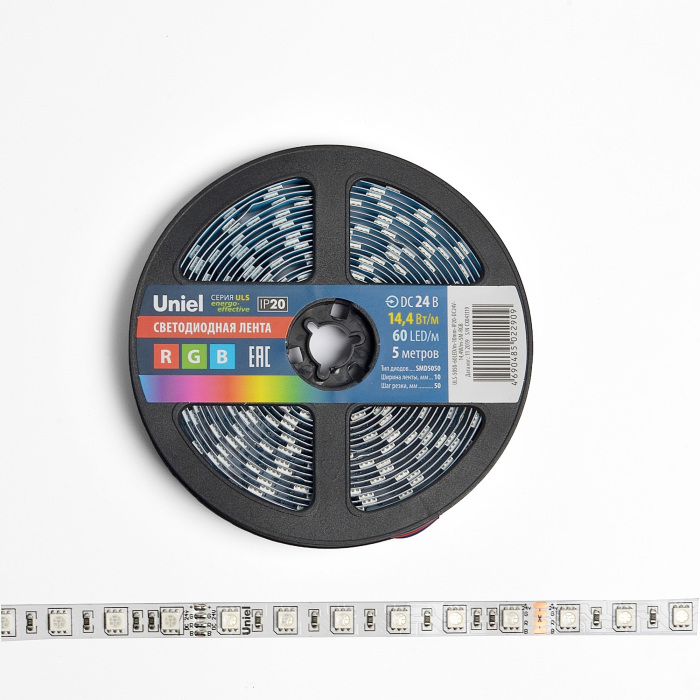 ULS-5050-60LED/m-10mm-IP20-DC24V-14,4W/m-5M-RGB катушка в герметичной упаковке Uniel