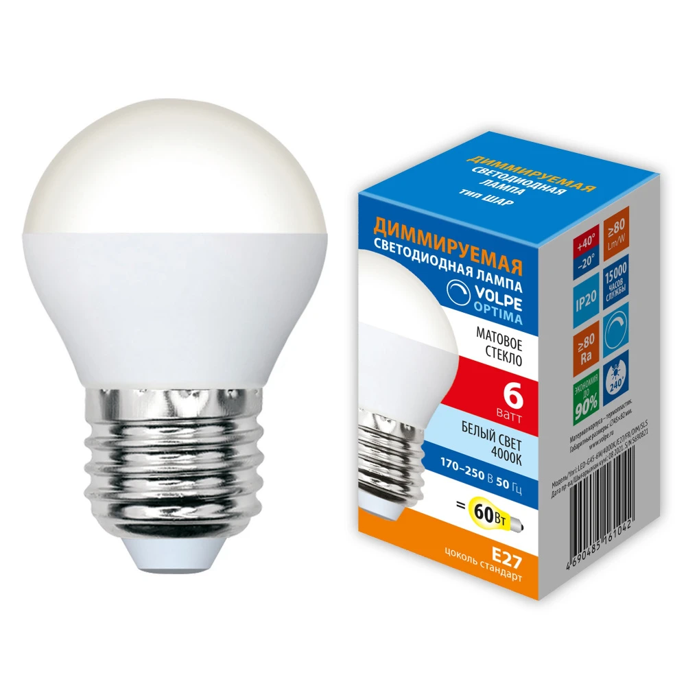 LED-G45-6W/4000K/E27/FR/DIM/SLS Volpe